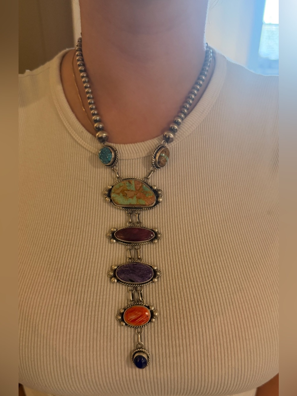 Navajo sterling silver multistone lariat necklace RY